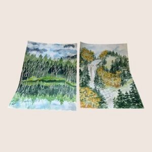 🖼️ LANDSCAPE WATERFALL WATERCOLORS ORIGINAL SIGNED JW POLLOCK 13x17 SET OF TWO